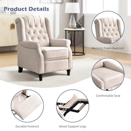 EBELLO Push Back Recliner Chair, Fabric Accent Chair Pushback Recliner with Rivet Decoration, Button-Tufted Back, Mid Century Wingback Armchair for Living Room, Bedroom, Beige EBELLO