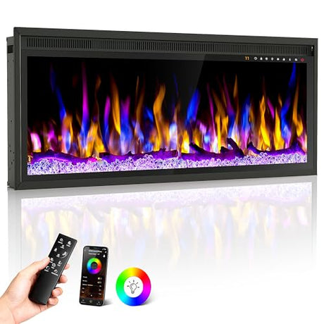 42 Inch WiFi-Enabled Electric Fireplace, 1500W Smart Fire Place Hetaer Inserts and Wall-Mounted W/Touch Screen & Remote Control, Adjustable 13 Flame Color and 5 Brightness, 12H Timer for Living Room Riseon