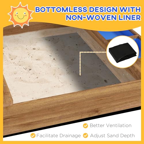 Outsunny Wooden Sandbox with Canopy, Kids Sand Pit with Liner, Blackboard, Sink, Playset, Flags, House Design, Outdoor Sandbox for 3-7 Years Old, 49" x 46" x 57.5", Brown Aosom