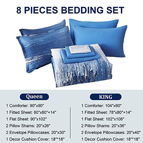 Dinjoy Ombre Blue Comforter Set Full Size Reversible Gradient Blue Grey Boho Bedding Set for Men Women 8 Pieces Bed in A Bag Bohemian Bed Set with Comforter, Sheets, Pillowcases & Shams Dinjoy