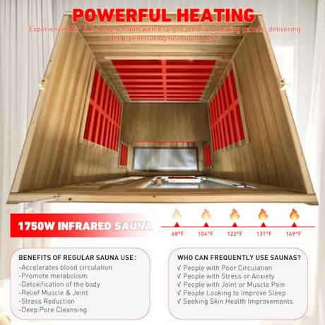 2 Person Low EMF Infrared Sauna for Home, Red Cedar Wood Far Infrared Saunas, 1750watt Indoor Personal Sauna Room with Door Heating Panels, Blue-tooth, 7-Color Chromotherapy Lights, 2 Outdoor Lamps Kanlanth