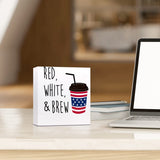 Funny Red White and Brew American Flag Coffee Patriotic Wooden Plaque Sign Desk Decor,Retro 4th of July Wood Block Sign Desk Decorations for Home Bedroom Living Room Office Shelf Table Decor Ruvoty