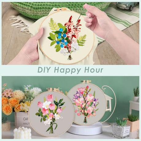 ERKOON 5 Sets Embroidery Kit for Beginners, Butterfly Cross Stitch Set for Include Embroidery Cloth Hoops Threads for Craft Lover Hand Stitch (Bouquet) ERKOON