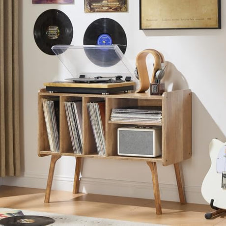 Lerliuo Record Player Stand with 4 Cabinet Holds Up to 220 Albums, Large Turntable Stand with Beech Wood Legs, Mid-Century Record Player Table Lerliuo