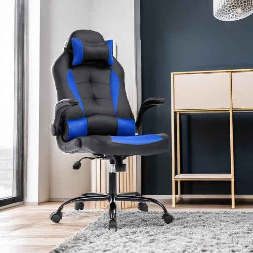 Gaming Chair Office Chair Desk Chair with Lumbar Support Flip Up Arms Headrest PU Leather Swivel Rolling Adjustable High Back Racing Computer Chair for Women Men Adults,Blue BestOffice