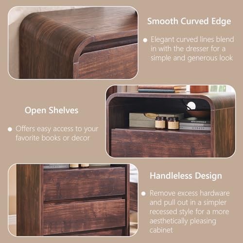 Aitjunz 25" Tall Modern Nightstand with Charging Station, 23.6'' Wide Wood Bedside Table w/2 Storage Drawers, Large Mid Century End Table for Bedroom, Living Room, Curved Profile Design, Brown Aitjunz