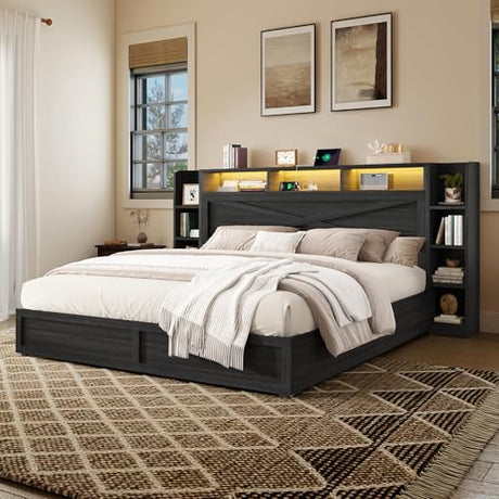 AMERLIFE 45'' Farmhouse King Bed Frame with 4 Drawers, LED Bed Frame with Bookcase Headboard & Side Shelves, Wood Platform Bed with Charging Station, Black AMERLIFE
