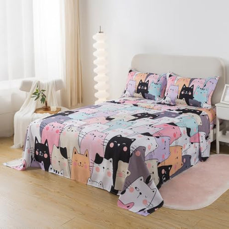 ADASMILE A & S Kids Cat Sheets Full Size for Girls Kawaii Cat Bedding Sets Including 1 Fitted Sheet 1 Flat Sheet 2 Pillowcases Kitten Animals Printed Bed Set Soft Microfiber All Season Home Decor ADASMILE A & S