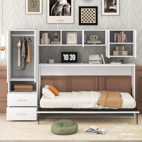 FAVSH Twin Size Murphy Bed Built-in Wardrobe and Table, Fold-The-Way Bed,with Open Shelves and Storage Drawers,Space-Saving Hidden Bed,Wall Bed for Bedroom.White FAVSH