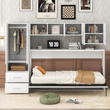 FAVSH Twin Size Murphy Bed Built-in Wardrobe and Table, Fold-The-Way Bed,with Open Shelves and Storage Drawers,Space-Saving Hidden Bed,Wall Bed for Bedroom.White FAVSH