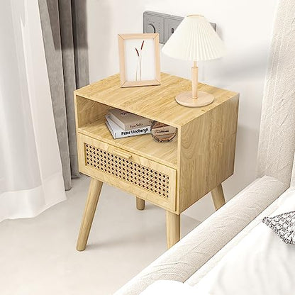 Mid-Century Modern Rattan Nightstand (2 Set), Boho Wood Accent Table with Storage Drawer - Bedside Table for Bedroom or End Table for Living Room, Natural Wood Accent Decor - Light Brown