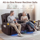 Loveseat Recliner Sofa, Power Reclining Loveseat Sofa Couches with Center Console, Bluetooth Speaker, LED Lights, Cup Holder, PU Leather Wall Hugger Recliners for Living Room, RV, Home Theater, Brown