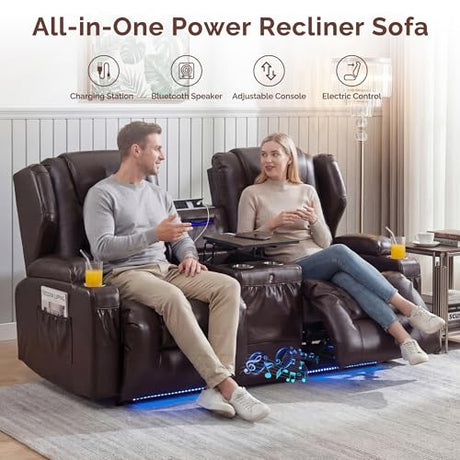 Loveseat Recliner Sofa, Power Reclining Loveseat Sofa Couches with Center Console, Bluetooth Speaker, LED Lights, Cup Holder, PU Leather Wall Hugger Recliners for Living Room, RV, Home Theater, Brown BIAOZHIKE