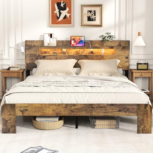 Zevemomo King Size Bed Frame with LED Headboard and Charging Station - WoodArtSupply