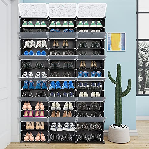Gainvieyee 12-Tier Portable 72 Pair Shoe Rack Organizer, 36 Grids Tower Shelf Storage Cabinet Expandable Stackable Space with Door for Heels, Boots, Slippers Black Gainvieyee