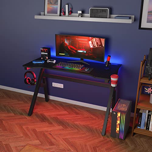 Gaming Desk Computer Desk 47 Inch Home Office Desk Extra Large Modern Ergonomic Black PC Carbon Fiber Table Gamer Workstation with Cup Holder Headphone Hook - WoodArtSupply