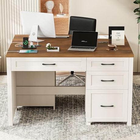 Vabches Farmhouse 47" Executive Desk, Computer Desk with File Drawer and Charging Station, Workstation for Home Office, Study,(Unique White). Vabches
