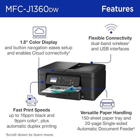 Brother Work Smart 1360 Wireless Color Inkjet All-in-One Printer with Automatic Duplex Printing and 1.8” Color Display | Includes Refresh Subscription Trial(1) (MFC-J1360DW) (Uses LC501 Series Inks) Brother