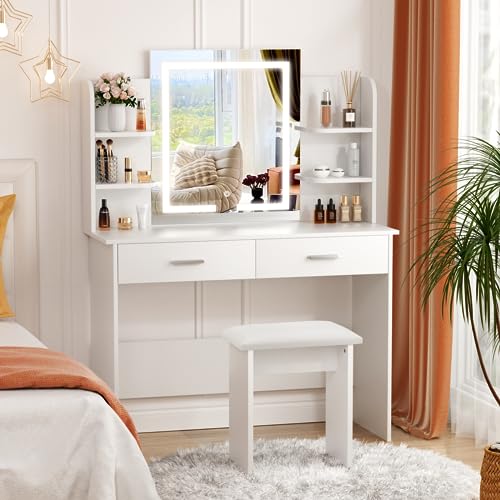 SMOOL Vanity Desk with Lighted Mirror - Makeup Vanity Table with 3 Color Light Options Adjustable Brightness, Vanity with 6 Storage Shelves, 2 Large Drawers, Vanity Set for Girls Women, White SMOOL