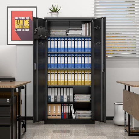 JAORD Lockable Garage Storage Cabinet with 5 Adjustable Shelves, 71" H Black Metal Storage Cabinet with 2 Pegboard Doos for Garage, Home, Assembly Required, Black JAORD