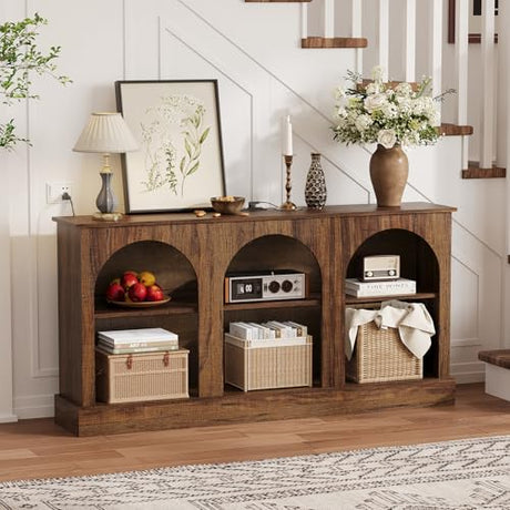 GarveeLife 63" Mid Century Modern TV Stand, Modern Console Table with Charging Station for Entryway Living Room, Modern Entertainment Center 3-Tier Rustic Brown Media Console for TV Up to 65 70 Inch GarveeLife