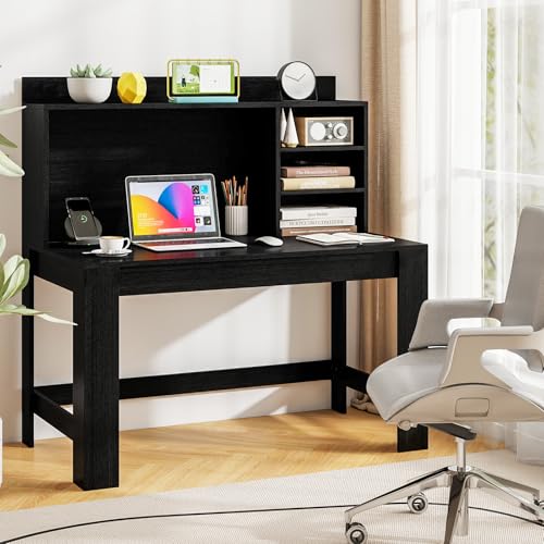 Tangkula Computer Desk with Hutch & Charging Station, Home Office Writing Study Desk with Storage Shelves, Cable Management Hole, Laptop Desk, Desk for Bedroom, Computer Workstation (Black) Tangkula