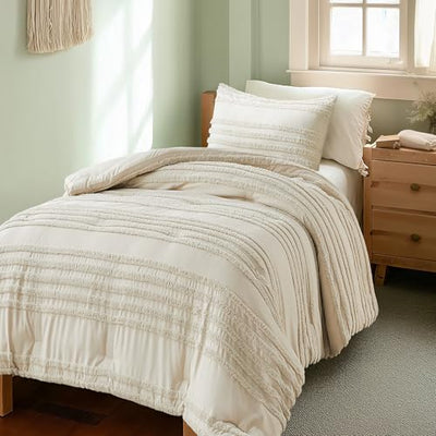 BEDELITE Boho Twin/Twin XL Comforter Set，Beige Tufted Striped Bed Set 2 Pieces, Soft Vintage Farmhouse Comforter for College, Boho Home Dorm Decor, Fluffy Jacquard Bedding with 1 Pillow Sham