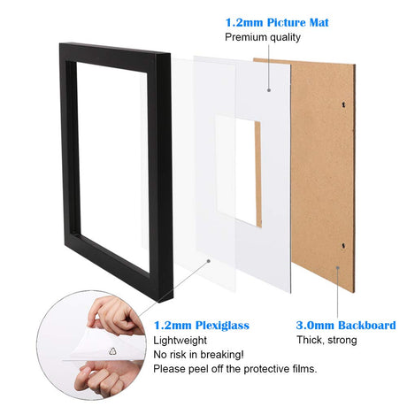 Egofine 12x16 Picture Frame Black Covered by Plexiglass Made of Solid Wood, Display Pictures 9x12 and 11x14 with Mat or 12x16 Without Mat for Table Top and Wall Mounting Egofine