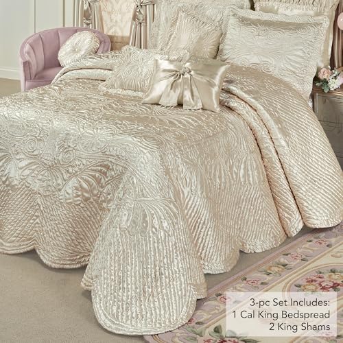 Touch of Class Portia Luxury Bedding | Soft Pearl | Premier Quilted Polyester Satin | Romantic Hand Guided Machine Quilted Scroll Design 3 Piece Set: Cal King Oversized Bedspread & 2 King Shams Touch of Class