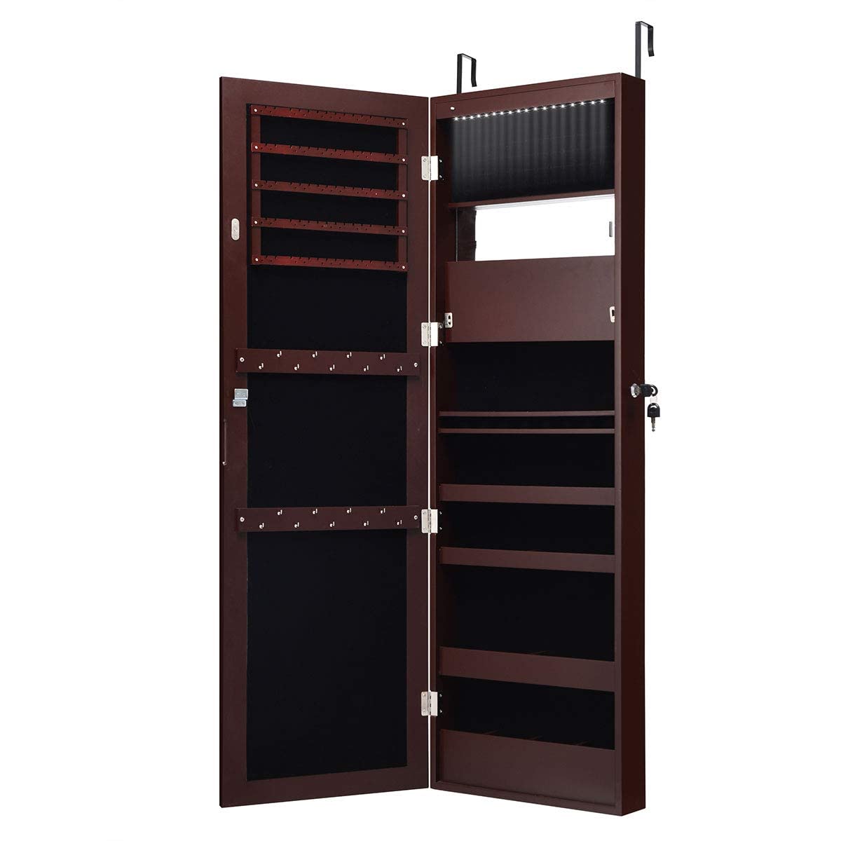 Giantex LED Jewelry Cabinet Wall Mounted Door Hanging, Lockable Jewelry Armoire with 47.2'' Full Length Mirror, Foldable Makeup Tray, Lipstick Brush Holders, Jewelry Storage Organizer (Brown) Giantex