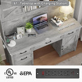 Farmhouse 67''H Executive Desk with Hutch & 5 Drawers, Rustic Office Desks Computer Desks with Charging Station, File Drawers and Storage Cabinets, Wood Workspace for Home Office & Study.（Grey）. Vabches