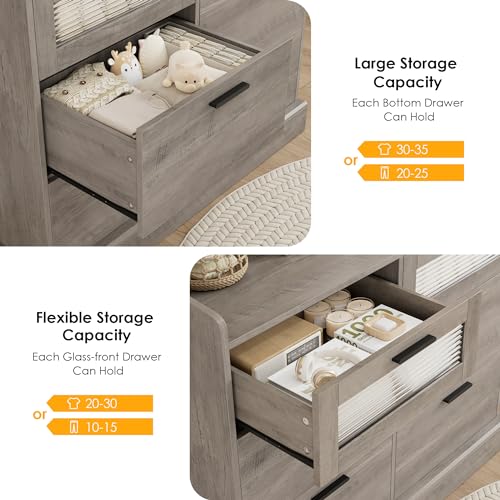 HOSTACK Modern 6 Drawer Dresser for Bedroom, Double Wide Chest of Drawers with Storage, Bedroom Dresser with Metal Handle & Fluted Glass, Wood Console Cabinet with Fence for Living Room, Ash  - WoodArtSupply