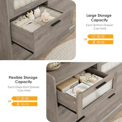 HOSTACK Modern 6 Drawer Dresser for Bedroom, Double Wide Chest of Drawers with Storage, Bedroom Dresser with Metal Handle & Fluted Glass, Wood Console Cabinet with Fence for Living Room, Ash  - WoodArtSupply