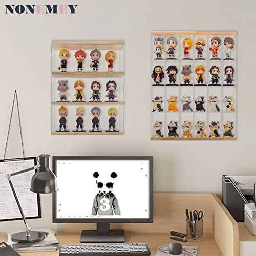 NONEMEY Clear Acrylic Display Case Stand with Wood Base 2 Tier、3 Tier、12/24 Compartments Storage Box Wall Mount Showcase Dustproof Organizer Box for NONEMEY