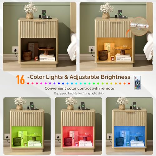 VINGLI Nightstands Set of 2 with Charging Station, LED Nightstand Fluted with Rounded Edge, 19"W Mid Century Modern Nightstand for Bedroom, Fluted Bed Side Table, Oak Night Stand, 18.9"W*15"D*22.4"H VINGLI