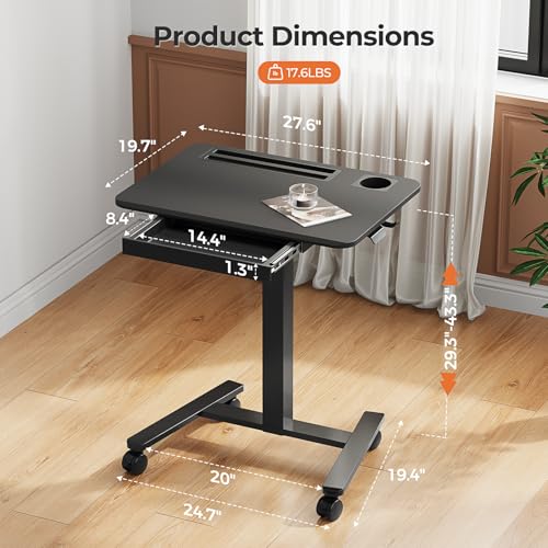 JYLH JOYSEEKER Mobile Standing Desk with Drawer, 28" Rolling Desk with Cup Holder and Hooks, Portable Laptop Workstation on Wheels, Height Adjustable Cart with Storage for Home Office, Black JYLH JOYSEEKER