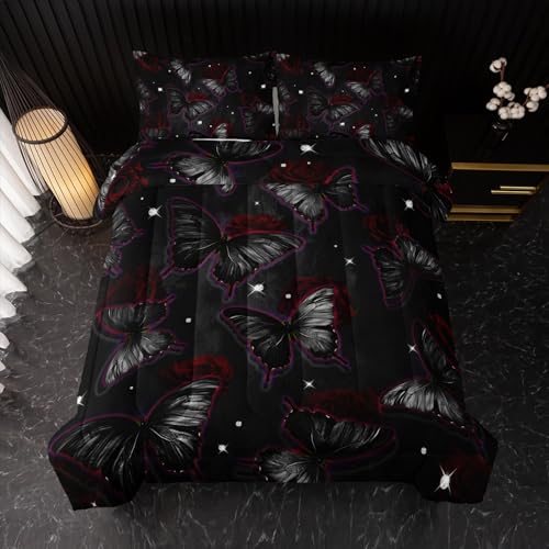 Black Butterfly Comforter Sets Twin Size, Black Butterfly Flowers 3D Animal Pattern Kids Bedding Sets for Girls Teens 3 Piece Bedroom Decor Comforter with 2 Pillowcases Nttopship