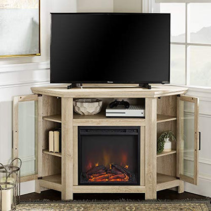 Walker Edison Alcott Classic Glass Door Fireplace Corner TV Stand for TVs up to 55 Inches, 48 Inch, White Oak