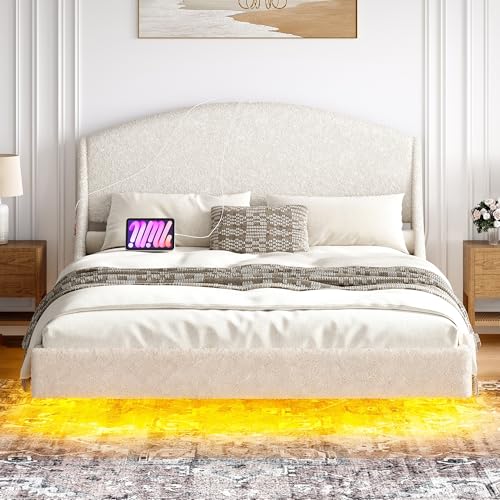 Ailisite Full Size Floating Bed Frame with LED Lights and Charging Port, Visual Floating LED Bed Frame with Curved Cloud Headboard, White Boucle Upholstered Platform Bed Full Size Frame, Heavy Duty Ailisite