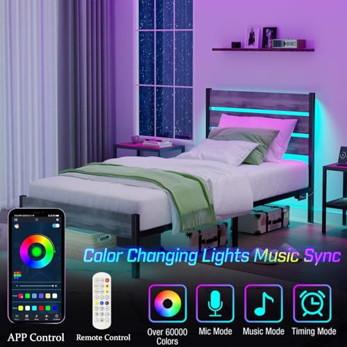PUNICE Twin Size Bed Frame with Charging Station, LED Light Metal Bed Frame with Wooden Headboard, No Box Spring Required, No Noise, Easy Assembly, Light Grey PUNICE