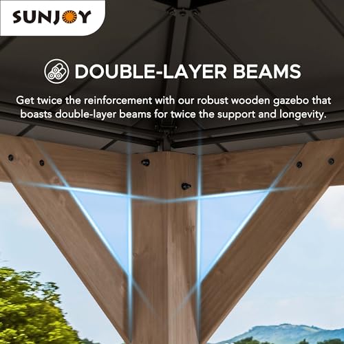 Sunjoy 13 x 15 ft. Wood Gazebo, Outdoor Patio Steel Hardtop Gazebo, Cedar Framed Wooden Gazebo with 2-Tier Metal Roof, Suitable for Patios, Lawn and Backyard, Dark Brown Roof + Dark Wood Frame Sunjoy