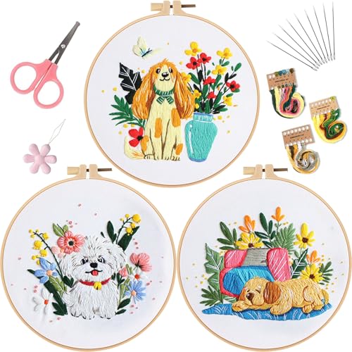 WEENEO 3 Pcs Cute Dog Embroidery Kit for Beginner, Funny Embroidery Kits for Adults, Animal with Floral Embroidery Kit with Pattern,Hoop,Colorful Threads and Needles,Cross Stitch Kits,DIY Crafts Kits