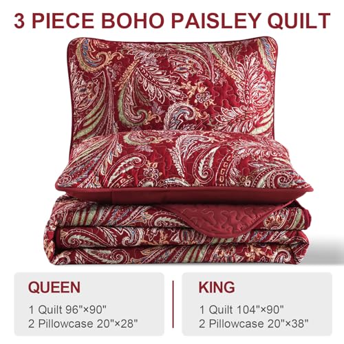 WONGS BEDDING Boho Quilt Set Queen,3 Pieces Red Paisley Pattern Bedspread Coverlet Set,Lightweight Microfiber Bohemian Bedding Set for All Season 96"×90" WONGS BEDDING