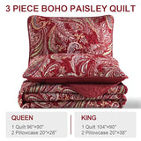 WONGS BEDDING Boho Quilt Set Queen,3 Pieces Red Paisley Pattern Bedspread Coverlet Set,Lightweight Microfiber Bohemian Bedding Set for All Season 96"×90" WONGS BEDDING