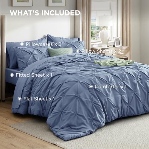 Bedsure Queen Comforter Set Slate Blue - Bed in a Bag Queen Size Bedding 7 Pieces, GentleSoft™ Pintuck Bed Set Gift for Family, Pinch Pleat All Season Comforter with Sheets, Pillowcases & Shams Bedsure