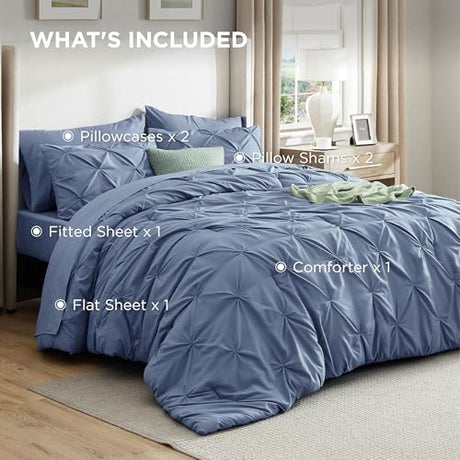 Bedsure Queen Comforter Set Slate Blue - Bed in a Bag Queen Size Bedding 7 Pieces, GentleSoft™ Pintuck Bed Set Gift for Family, Pinch Pleat All Season Comforter with Sheets, Pillowcases & Shams Bedsure