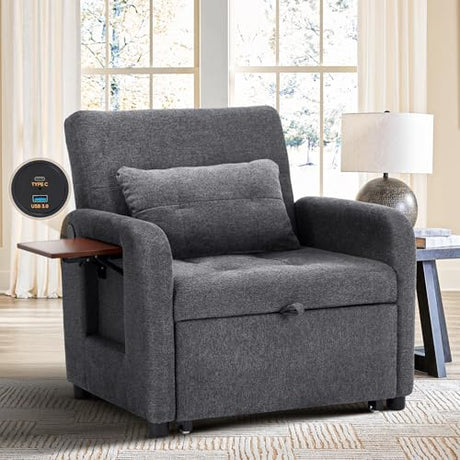 Convertible Sleeper Chair-Fabric Futon Sofa Bed, Single Sleeper Sofa, Small Couch Bed with USB Port, Foldable Table, Pillow, Adjustable Backrest for Dorm/Bedroom/College Darkgrey COLAMY