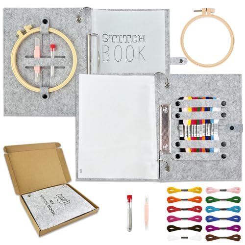 Bmtbu 2026 Upgraded Embroidery Stitch Book Kit with 8.27"x10.65" Portable Loose-Leaf Cover, 6 Fabric Pages, Complete Toolkit, Easy Instructions & Video Tutorials. (Classic)