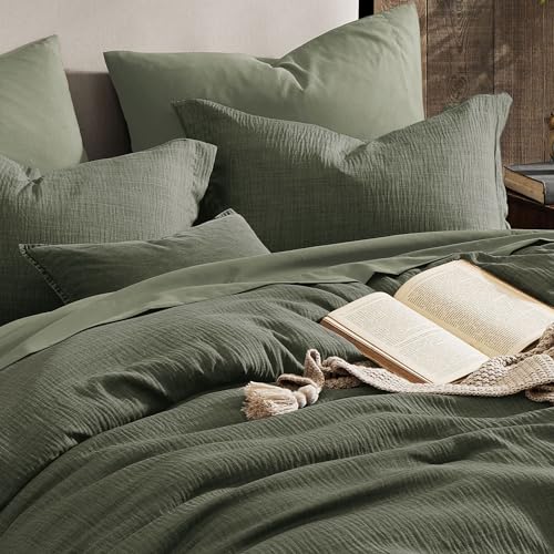 Geniospin King Size Comforter Set- 7 Piece Dark Green Textured King Bedding Set, Soft Solid Bed in a Bag for All Season, King Comforter Set with Sheets(Dark Green,102''x90'') Geniospin