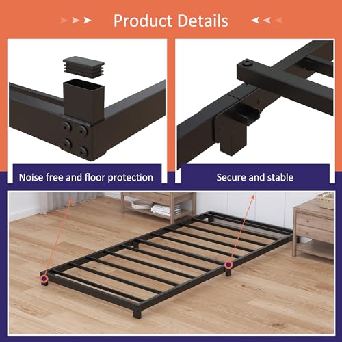 Nailsong 3 Inch Twin Bed Frames Low Profile, Twin Platform Bed Frame No Box Spring Needed, Heavy Duty Metal, Easy Assembly, Black Nailsong